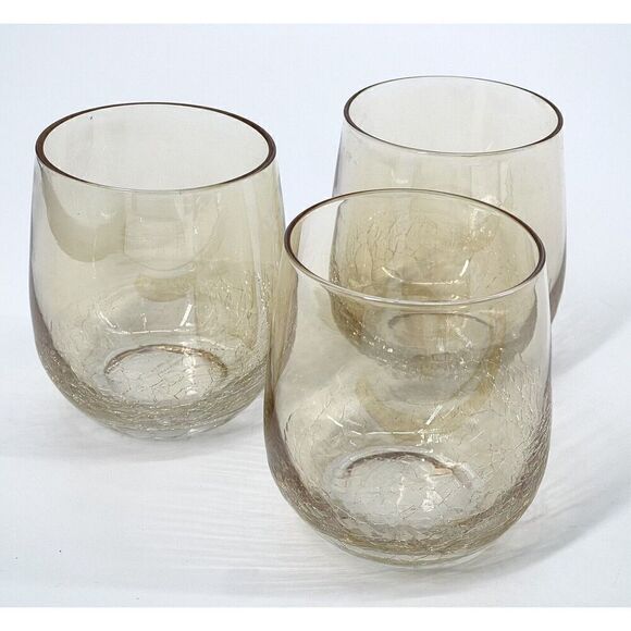 Pier 1 One Crackle Old Fashioned Lowball Glasses Golden Luster Amber Set Of 3 - Picture 1 of 7